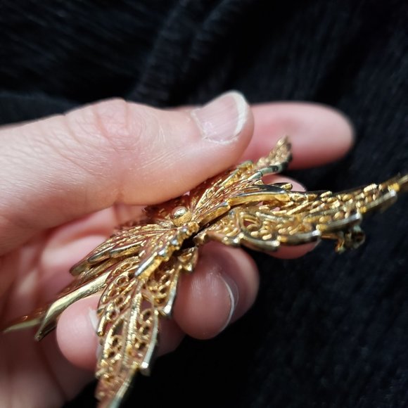Vintage Large Filigree Gold Tone Five Leaf/ Floral Layered Pin Brooch - Picture 4 of 7